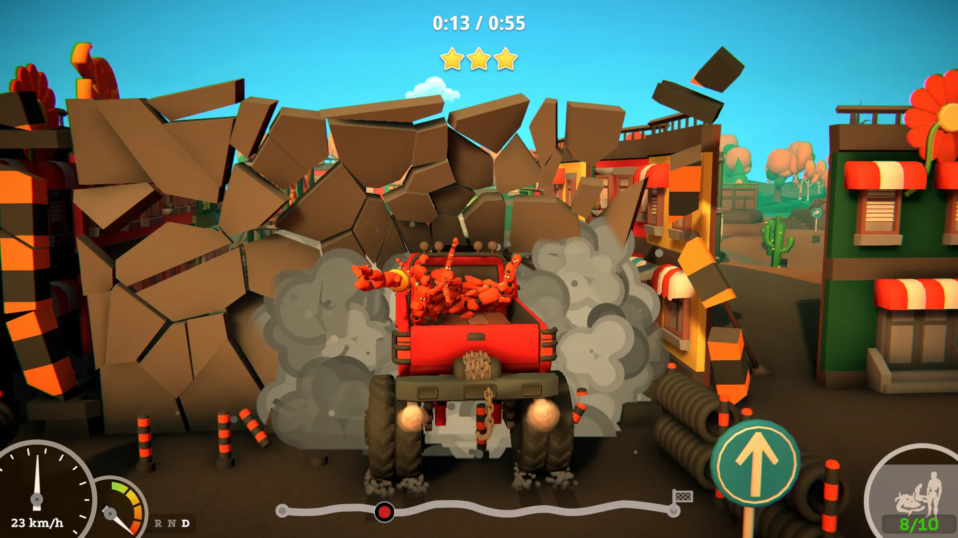A red pickup full of crash-test dummies bursts through a wooden wall