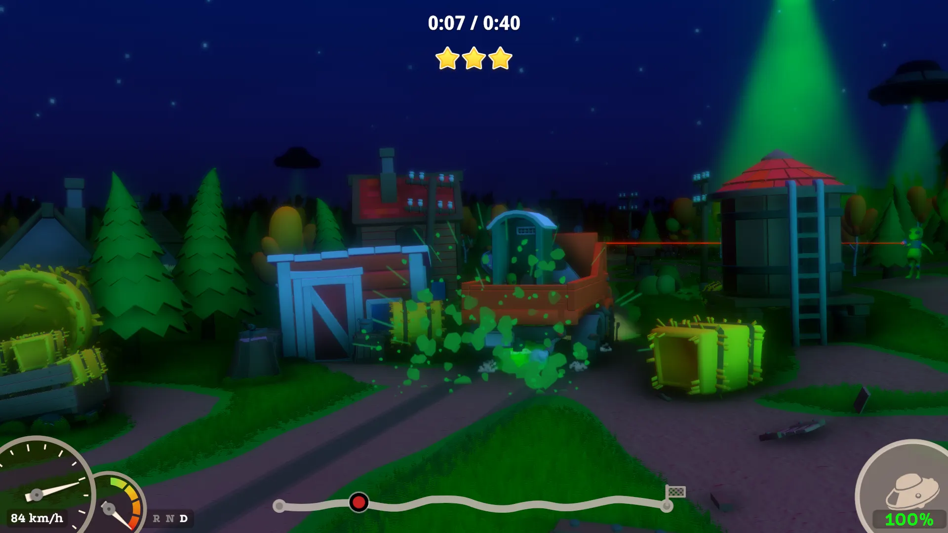 UFOs beam down on a farm at night while a truck spills glowing hay