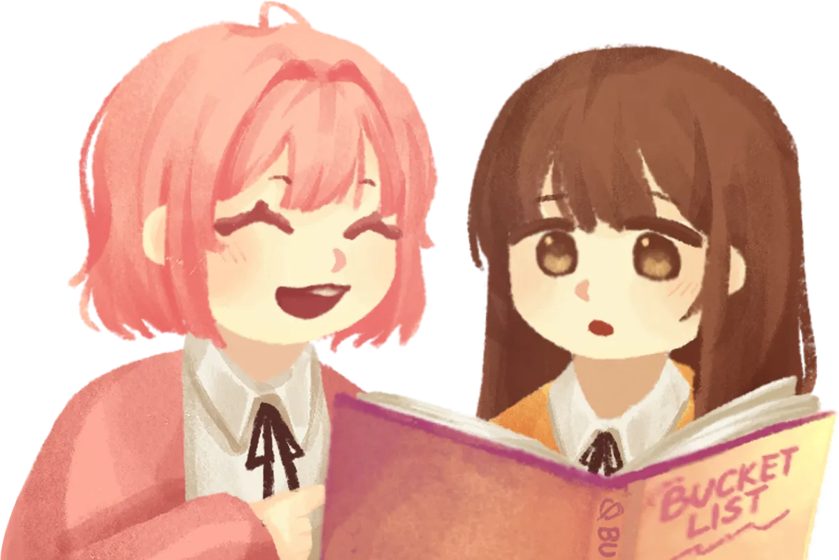 Hana and her friend reading a bucket list together
