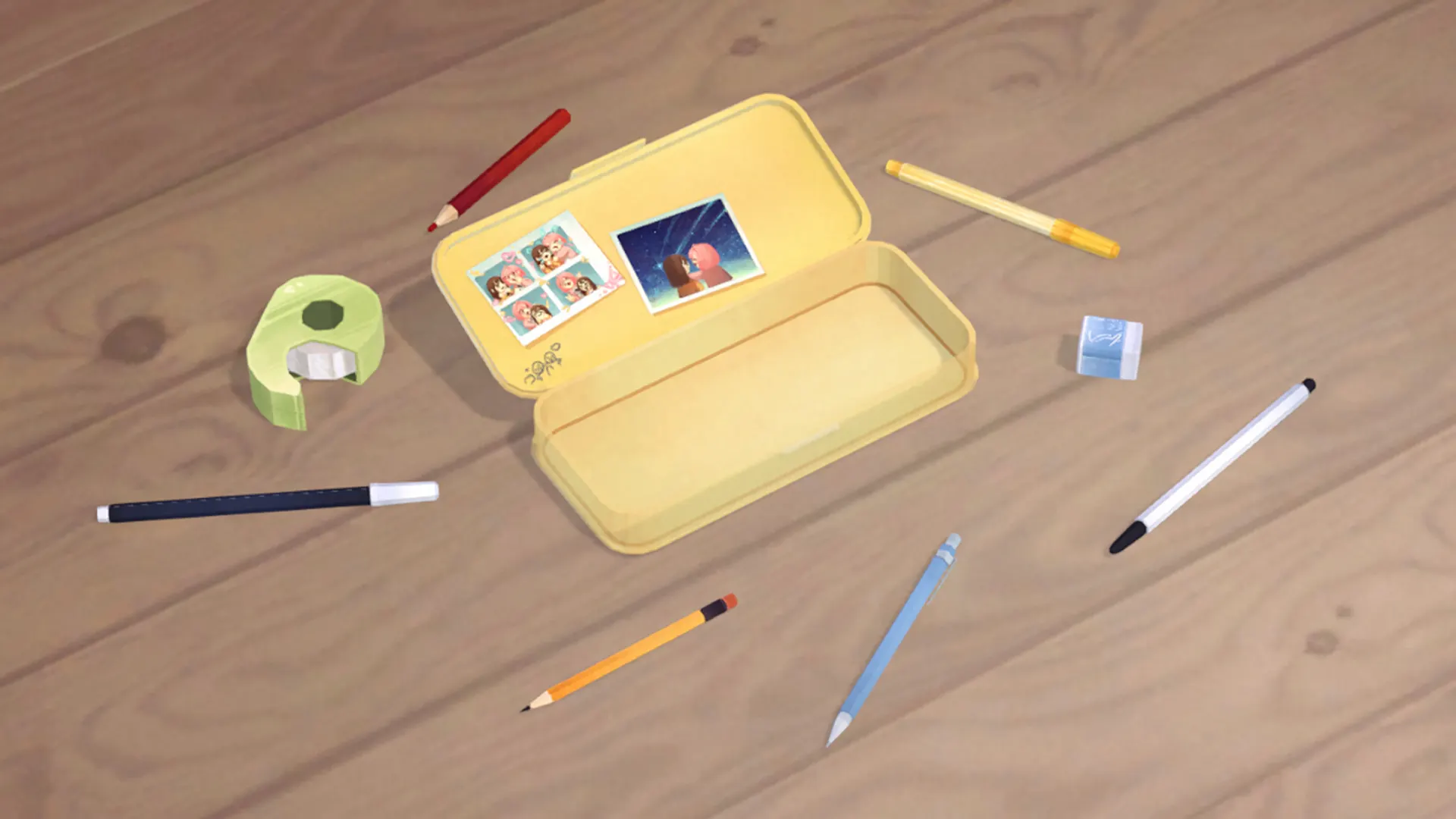Pencil case with stationery scattered on a wooden desk