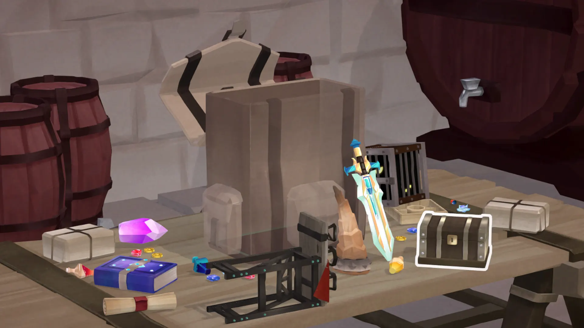 Fantasy backpack surrounded by a sword, potions and a treasure chest