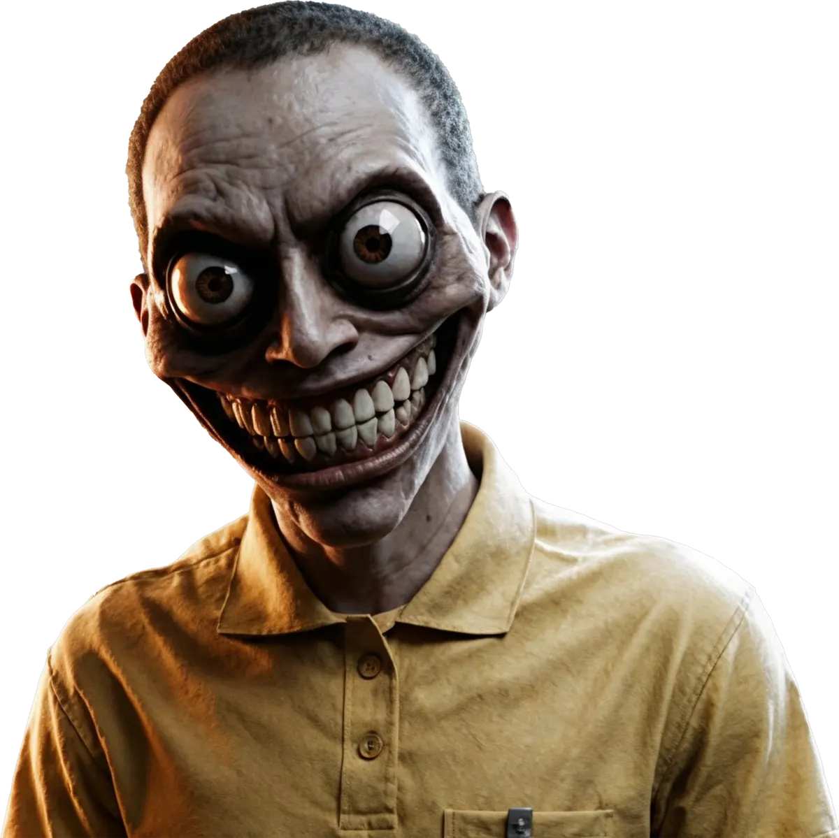 An SCP-3008-2 staff member with a distorted grin and a mustard-yellow polo shirt